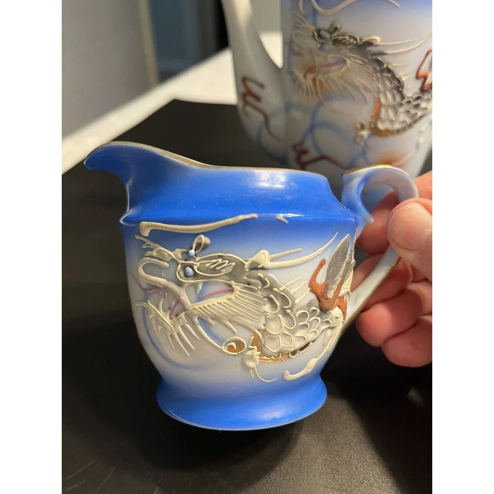Vintage Dragonware Moriage Blue White Coffee Tea Pot Sugar Creamer Set
